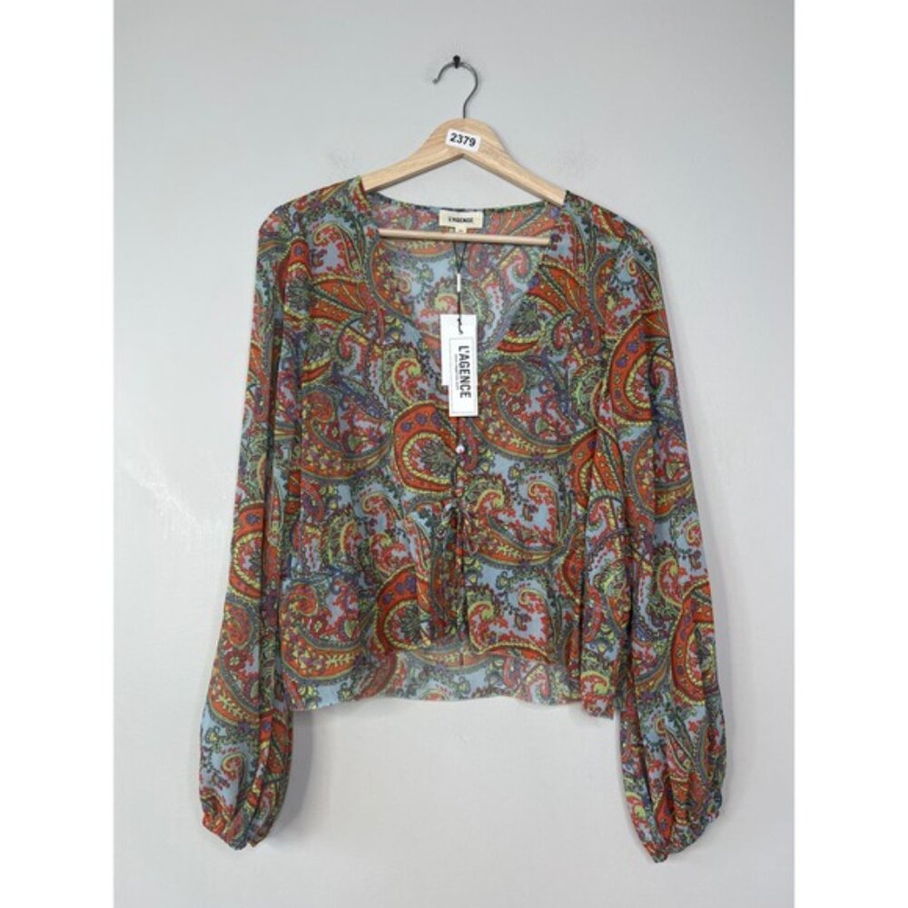 NWT L'agence Pixie Bohemian Long Sleeve Paisley Print Crepe De Chine Blouse Red - Picture 2 of 8